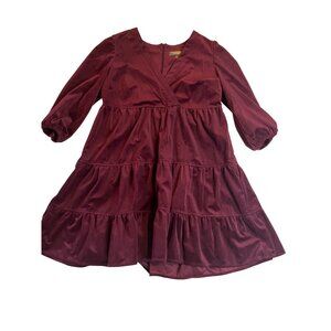 Melonie T Burgundy 14 Merlot 3/4 sleeve corduroy, baby doll, mini tiered dress